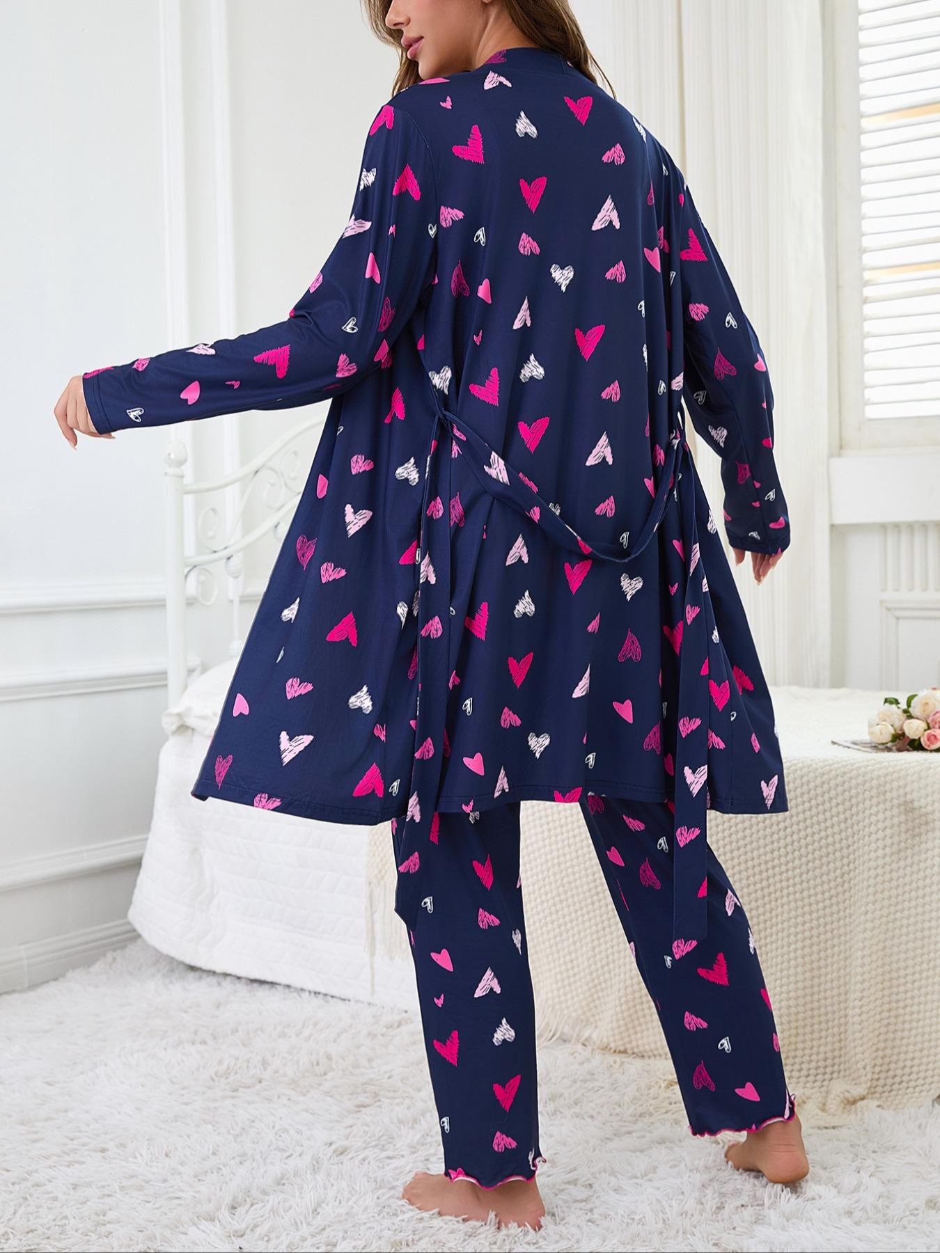Women's Heart Print Robe Set with Tank Top & Leggings, Comfortable Casual Home Wear, Fall Winter Fitted Sleepwear, 3 Piece, Soft Lounge Sets