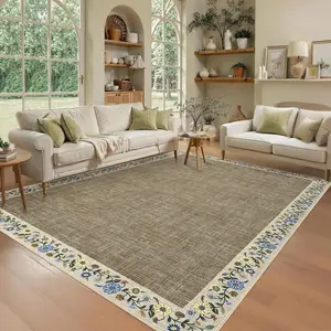 Garvee 10x13 Machine Washable Rugs for Living Room Large Area Rug Modern Floral Indoor Accent Carpet Low Pile Carpet Soft Throw Aesthetic Floor Cover for Bedroom Laundry Dining Room, Dark Camel