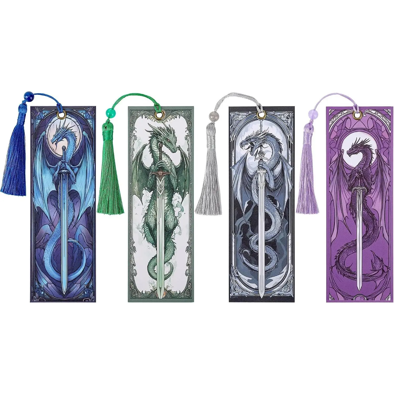 Dragon Sword Bookmark Gifts - 4 count Fantasy Fourth Bookmarks with Tassels Paper   Wing Book Marks Office  Supplies  for Reading Lovers Writers  Men Teacher Students