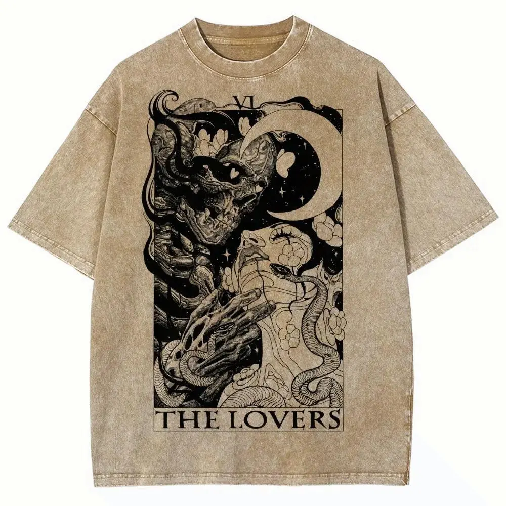 Women's Vintage Tarot Card Graphic T-Shirt - Oversized Short-Sleeve Casual Top, Washed Combed Cotton, USA-Made, Ribbed Round Neck, Streetwear Style Day Top
