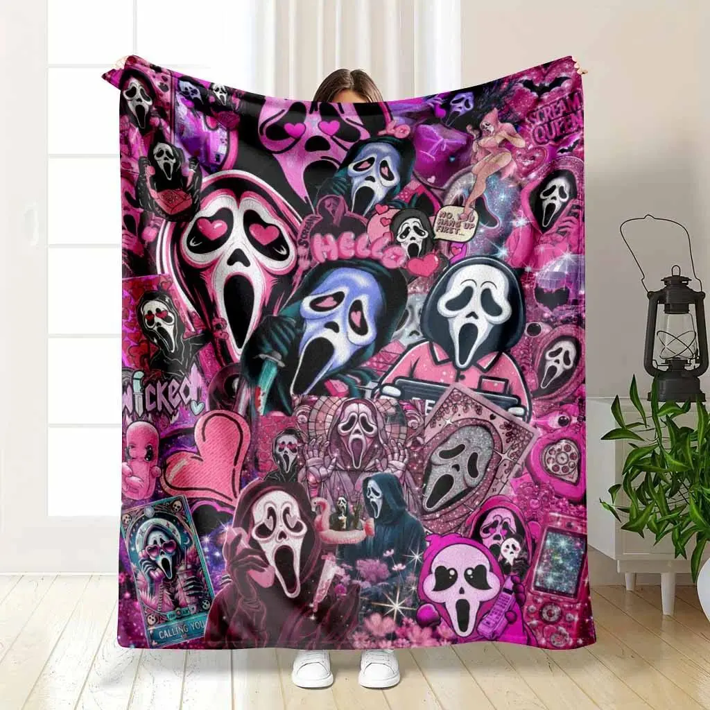 Horror Movie Villain Flannel Blanket, cooling blankets cooling blanket blankets quince bedding, Pink Aesthetic Ghost Face Pattern Ultra Soft Lightweight Warm Fleece Throw For Living Room Bedding Decor Sofa Couch Nap Travel Anniversary Party Holiday Gift