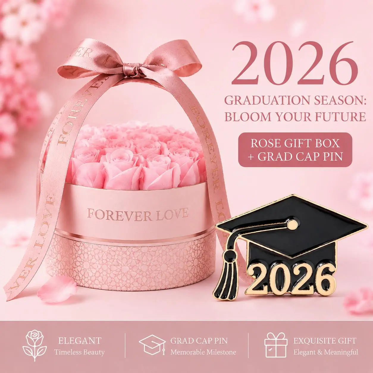 2026 Graduation Gift Set, Classy Gift Box – Pink Forever Rose Flower Box with Graduation Cap Pin, Romantic Keepsake Gift for Her, Daughter, Best Friend, Teacher, Trending Graduation & Back to School Gift, Perfect for Anniversary, Valentine's Day