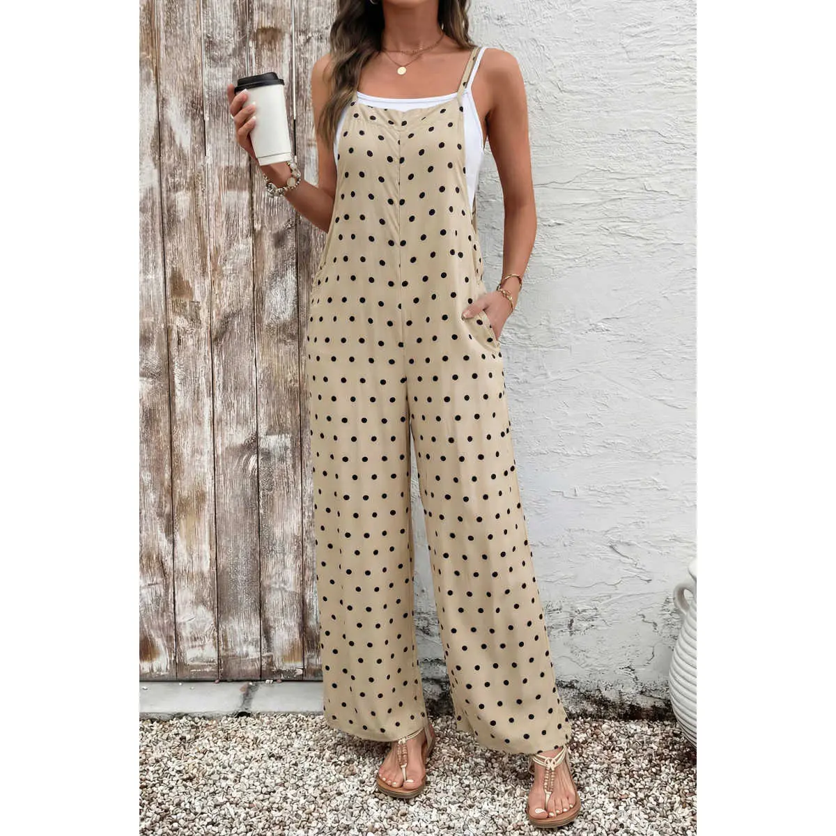 Women's Khaki Overalls, Sleeveless Floral Printed Summer Clothes, Casual Loose Fit Viscose Jumpsuit with Pockets and Adjustable Straps, Print Pattern