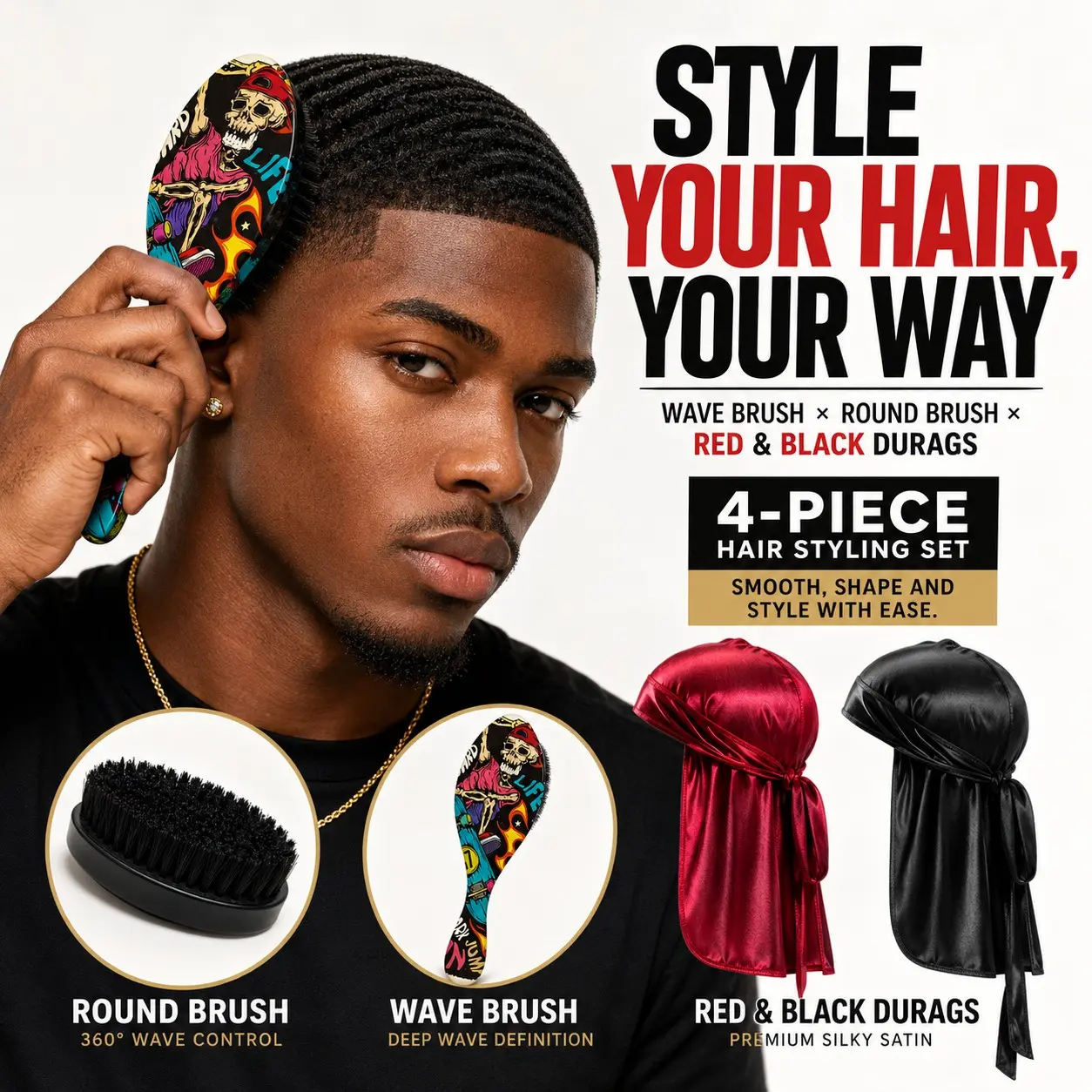 360 Wave Kit for Men Grooming Kit for 360 Waves  -True Texture Medium - All Purpose 360 Waves Brush for Men- Best Gift Set