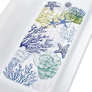 Nautical Coastal Bathtub Mat Non Slip for Shower Tub, 40 X 16 Inch Extra Long Bath Mat for Elderly & Kids, Machine Washable Shower Floor Mat with Suction Cups & Drain Holes, Starfish Coral(Gift)