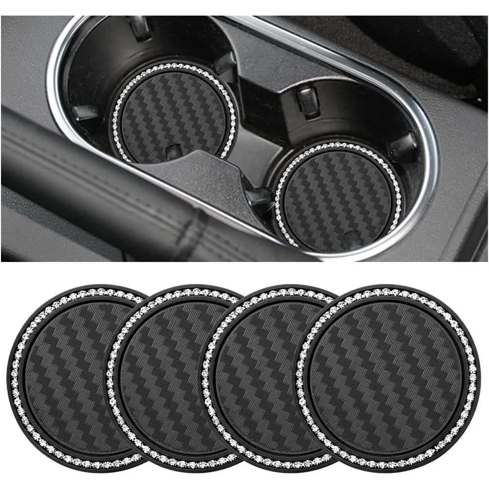 Women's 4-Count Bling Set Car Cup Holder Coasters, 2.75"x2.75" Synthetic PVC Anti-Slip Grip Mats, Easy-Install Inserts, Decorative Automotive Interior Accessories (Black)