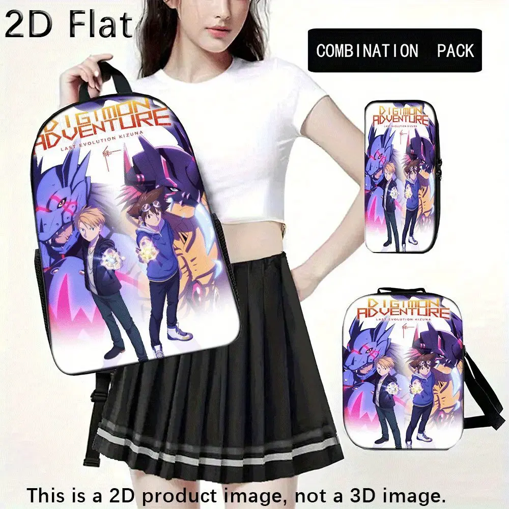 Durable Water Resistant 3-Piece Backpack Set for Kids Teens, Lightweight School Bag with Insulated Lunch Box & Matching Pencil Case, Classic Anime Monster Adventure Character Print, 600D Oxford Cloth, Breathable Padded Straps, 15-inch Laptop Storage Compa
