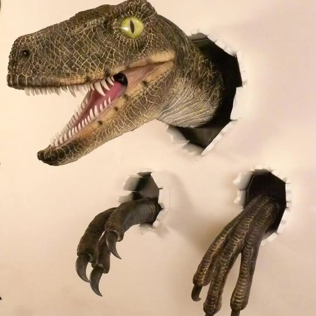 Mini 3D Dinosaur Wall Decor Set, Lifelike Velociraptor Head Claw Eye Sculpture, Jurassic Theme Kids Room Study Room Decor, Creative Wall Art