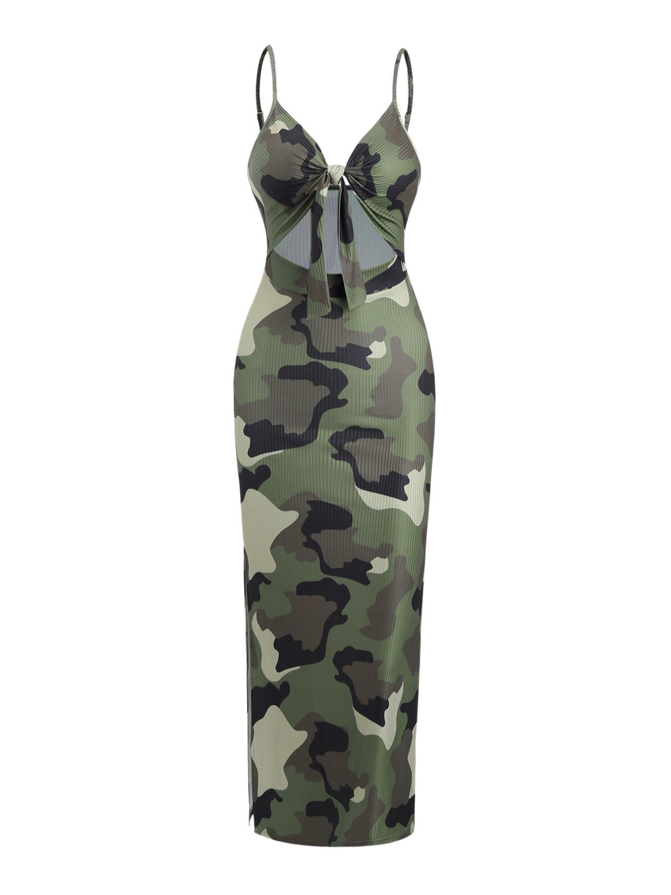 Women's All Over Print Camouflage Cut Out Cami Dress, Fashion Casual Backless Long Dress for Daily Outdoor Wear, Ladies Clothes for All Seasons