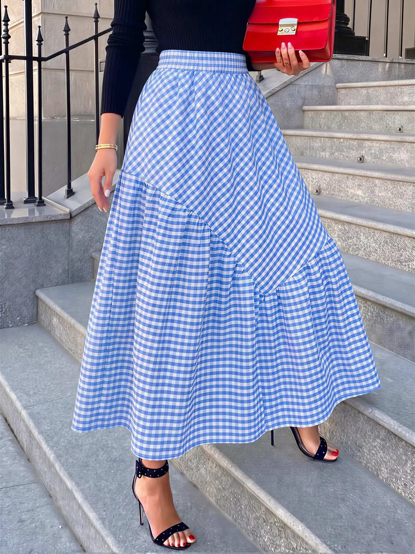 ZANZEA Women's Casual Loose-Fitting Plaid Patchwork Print Asymmetrical Hem Long Skirt - Elastic Waist, No Pockets, All Seasons Womenswear Bottom, Fashionable Comfortable Daily Wear Skirt, Casual Comfy Skirt