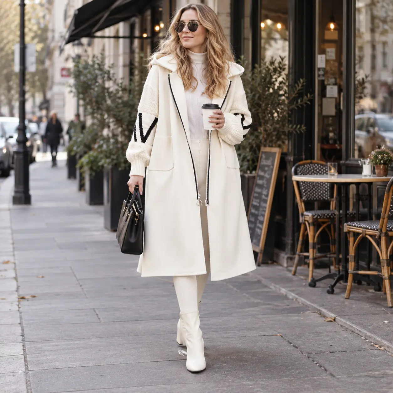 Women's Hooded Long Coat - Knitted Long Sleeve Geometric Patchwork Zipper Outerwear, Fall Winter Casual Oversized Drawstring Maxi Jacket with Adjustable Fit