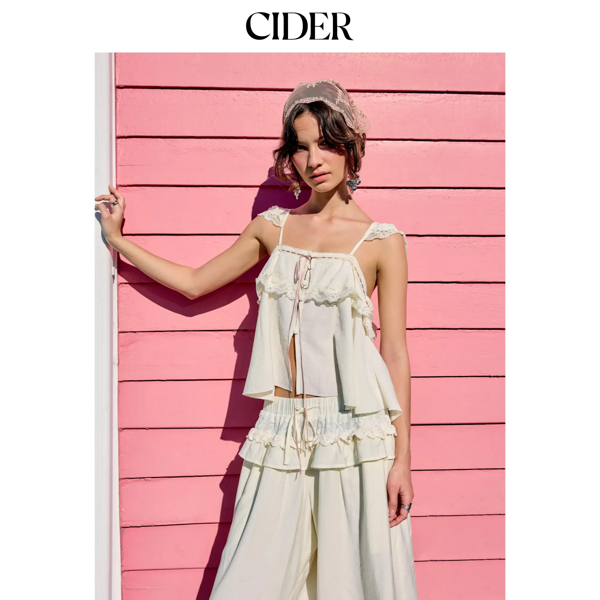 Cider Square Neck Lace Trim Knotted Ruffled Sleeve Blouse