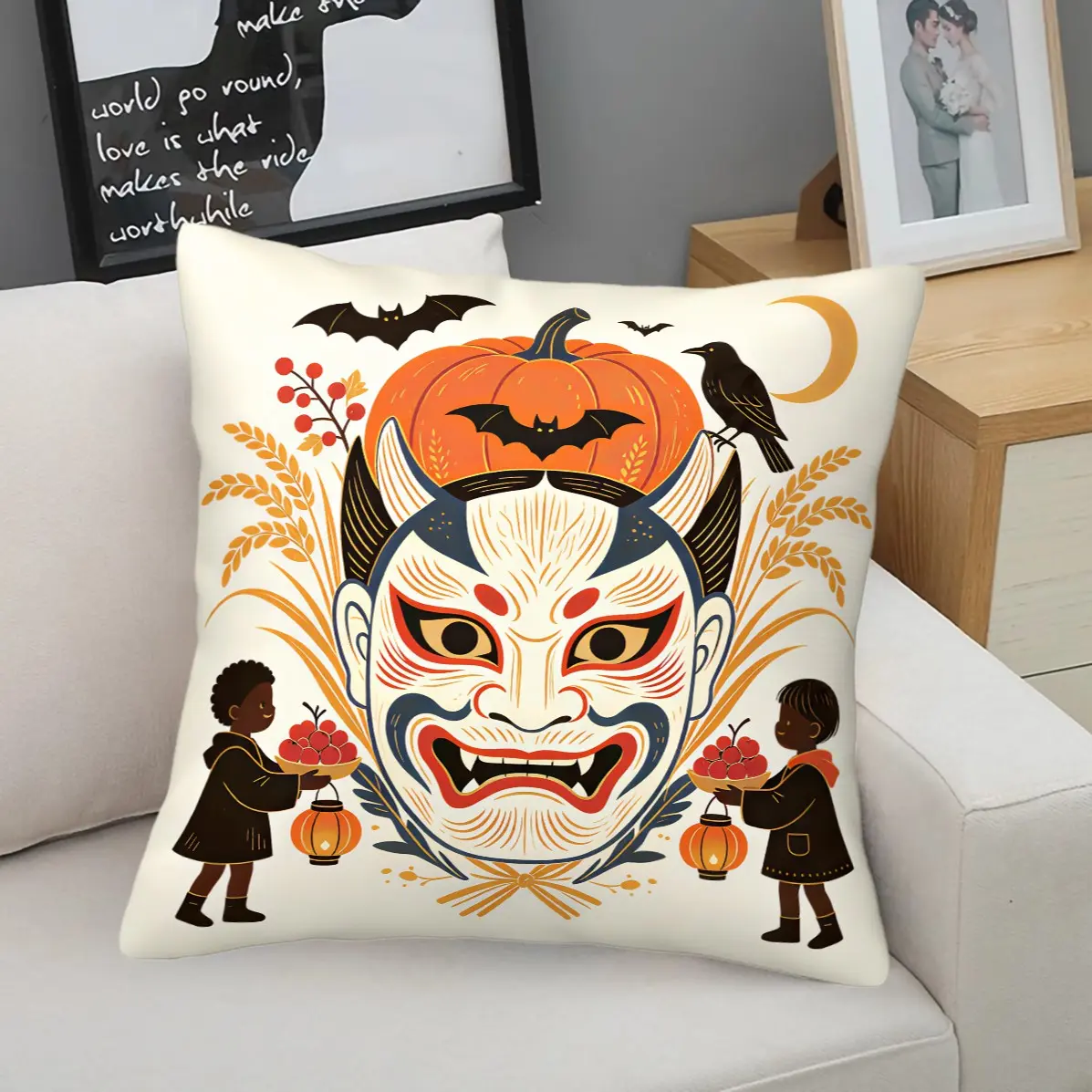 45x45cm Torii and Hannya Mask-Inspired Japanese-Style Halloween Print Cushion—Machine-Washable, Trendy Fabric, Soft Filling—Perfect for Dorm Rooms and Apartments as Japanese-Style Autumn Halloween Decor or Sofa Accent Cushion (Includes Cushion Insert)