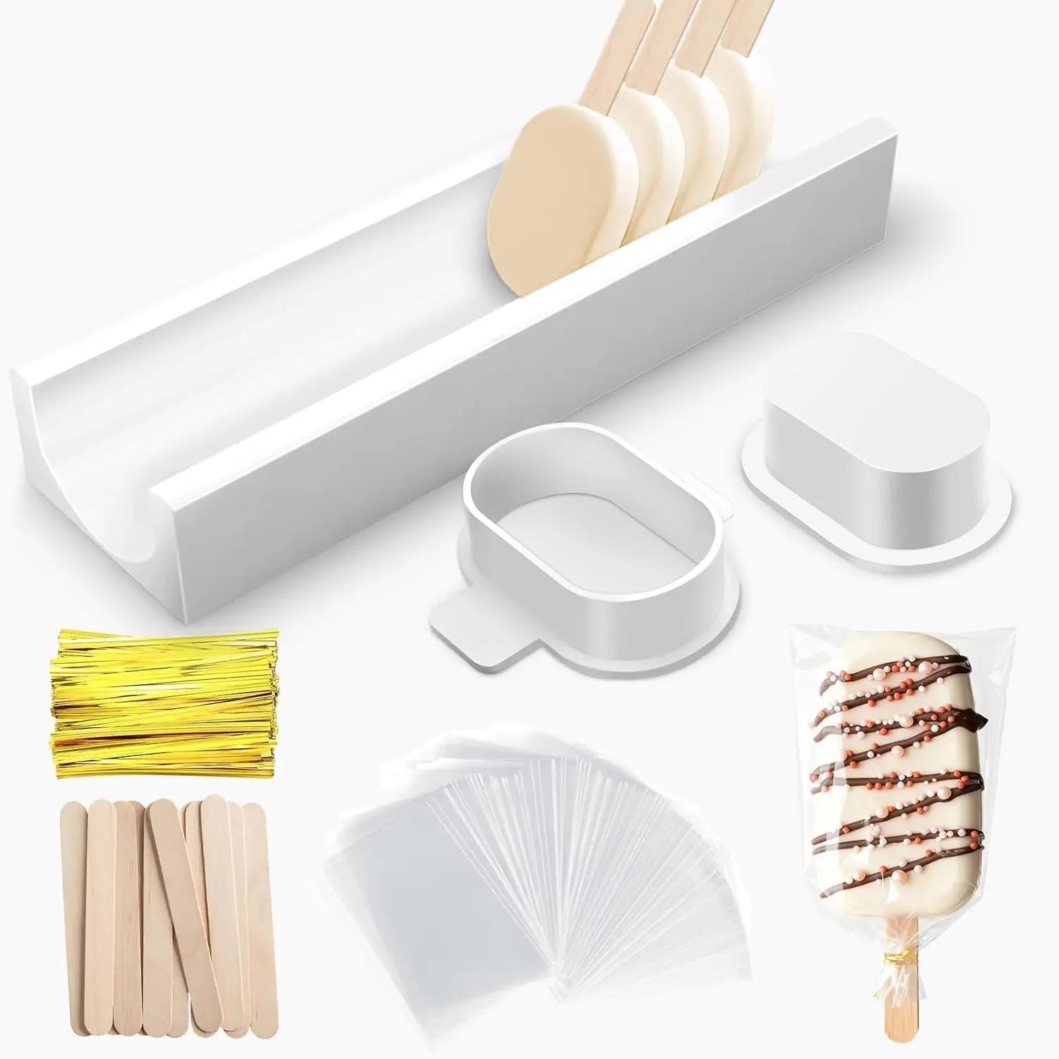 White Silicone 3in Cakesicle Cutter & Cake Pop Mold Set - 8.7in Tray, 100 Wooden Sticks, 100 Bags - For Bake Projects, Weddings, Holidays, Baby Showers, Cake Pops