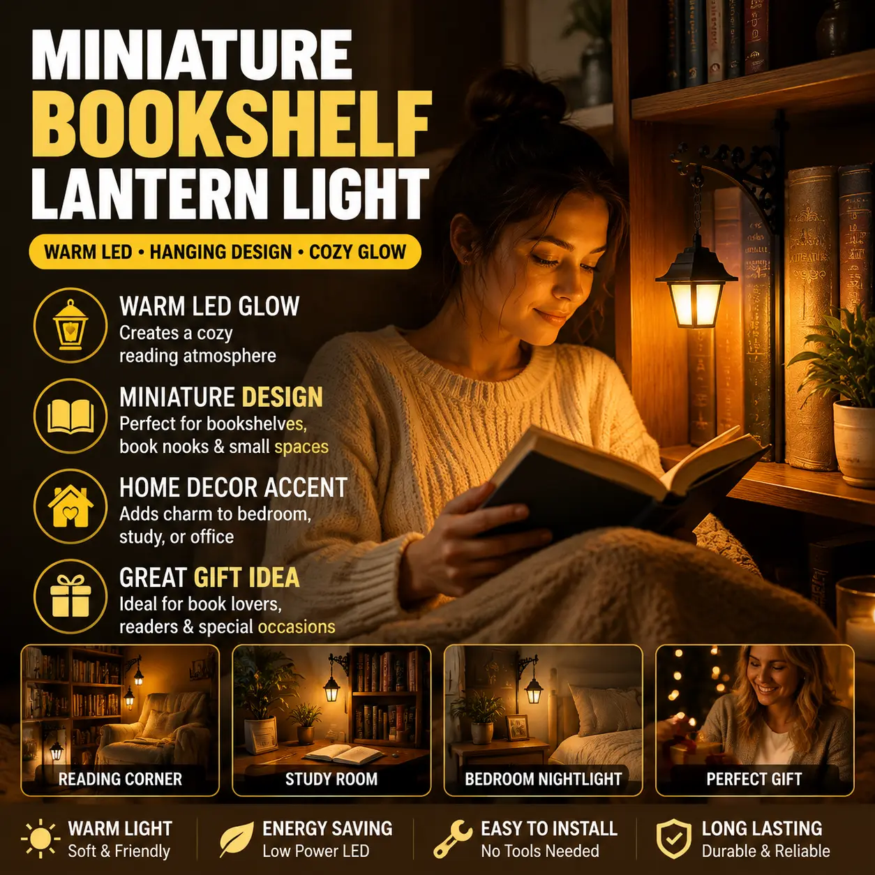 Library Lantern Decorative Bookshelf Light, Miniature Hanging Shelf Lamp with Warm LED Glow, Cozy Reading Nook Nightlight for Book Lovers, Literary Home Decor, Bedroom Study Accent Light and Halloween Shelf Decoration