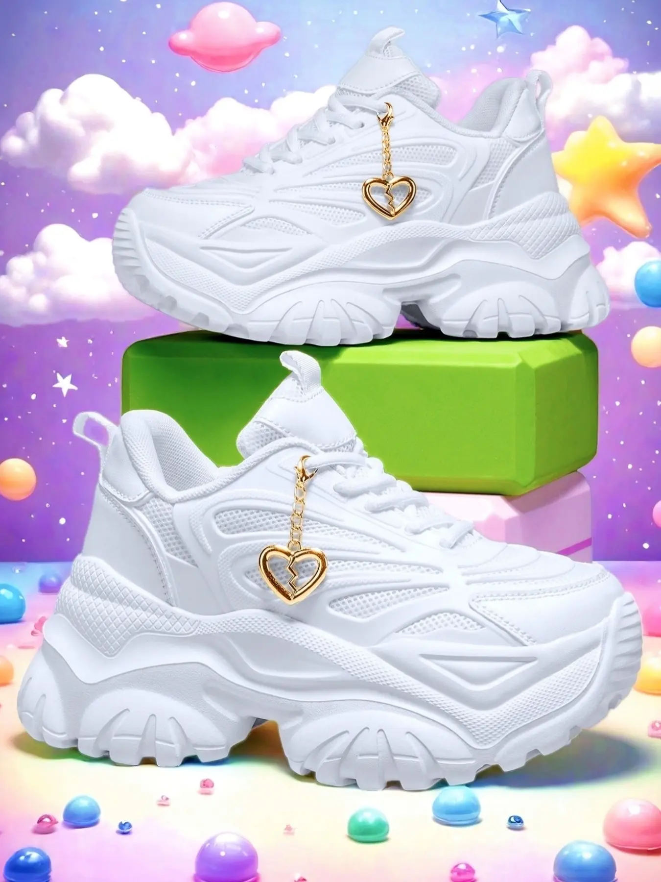 Women's Cute Thick Sole Dad Shoes, Detachable Gold Heart Charm, Lightweight Eva Heel Boosts Height by 7cm, Casual Style for Daily Wear