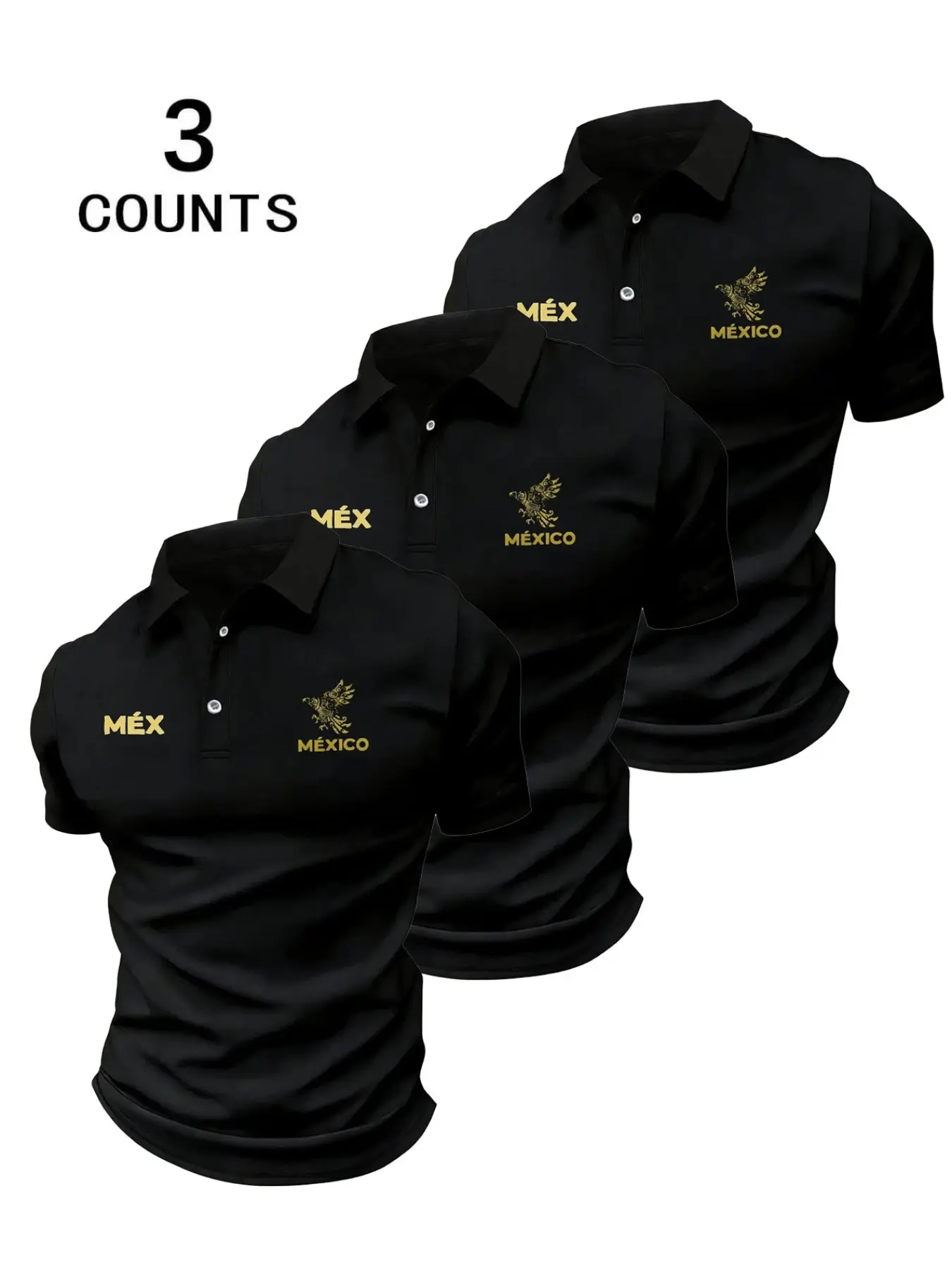 Men's 3-Piece Mexican Eagle Polo Set, Short Sleeve Button-Front Casual T-Shirt, Traditional Mexican Pride Clothing, Daily Streetwear