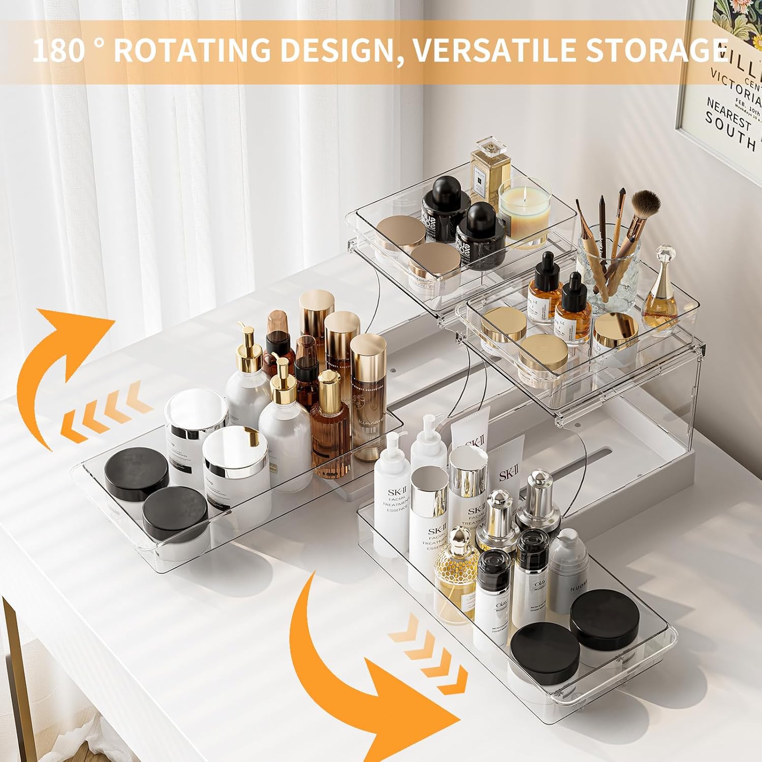 2 Pack Pull Out 2 Tier Under Sink Organizer Clear Cabinet Organizer for Kitchen Bathroom Storage Rotating Pantry Rack for Spice Organization and Makeup Organizer for Drawer Durable Design