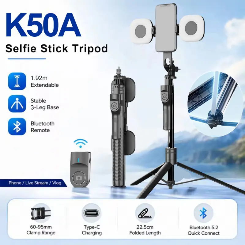 75-Inch Selfie Stick with Light, Wireless Bluetooth-compatible Selfie Stick, Phone Tripod, Remote Control, Dual Lights, Ideal for Travel/vlog/video Recording