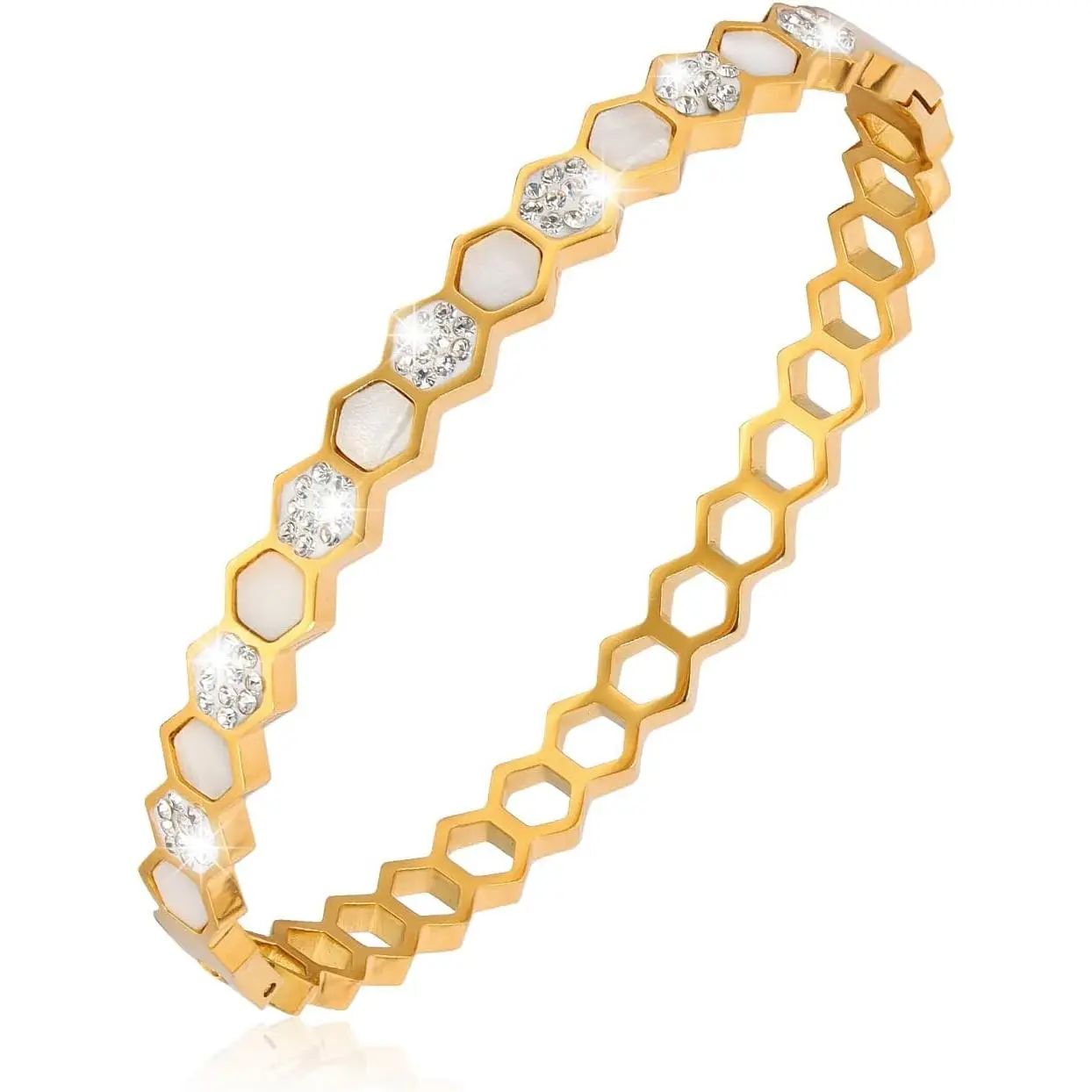 Stainless Steel Bracelet Honeycomb Hexagon Geometric Aesthetics Bangle for Women White Shell Summer Jewelry