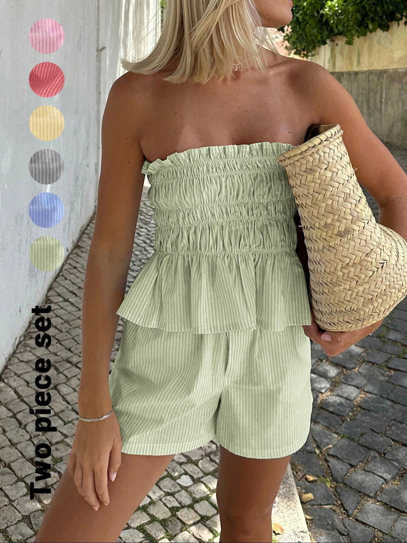 Two-piece Set Women's Striped Print Tube Top & Shorts Set, Casual Strapless Top & Shorts for Daily Wear, Ladies Clothes for Summer Outfit