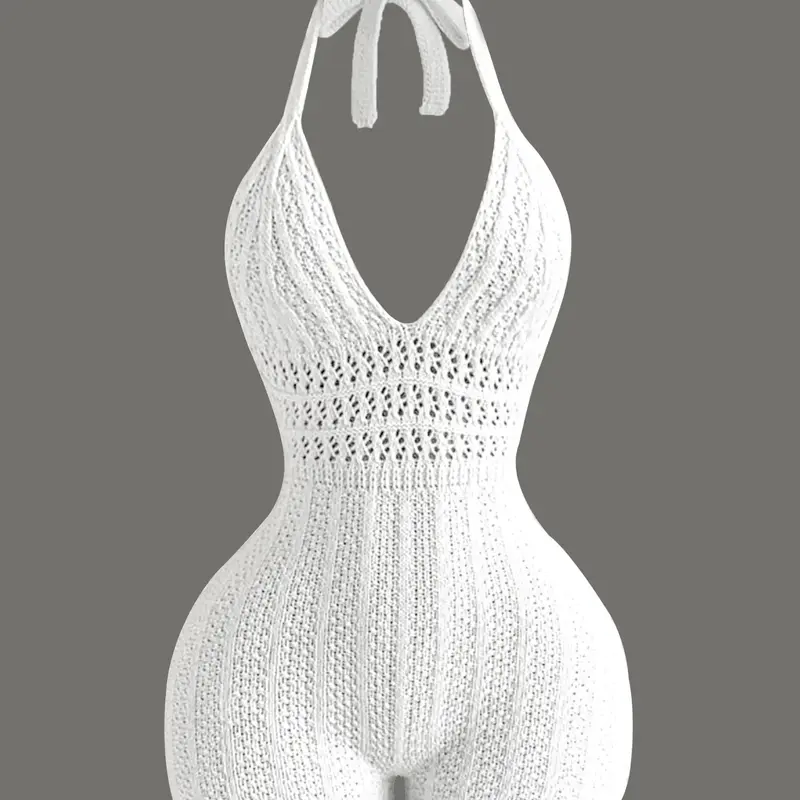 Women's Knitted One-Piece Jumpsuit, Hollow Out Pure Color Backless Tie Shorts, Casual Fashion Spring Summer Wear, Knitted Bodysuits