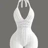 Women's Knitted One-Piece Jumpsuit, Hollow Out Pure Color Backless Tie Shorts, Casual Fashion Spring Summer Wear, Knitted Bodysuits