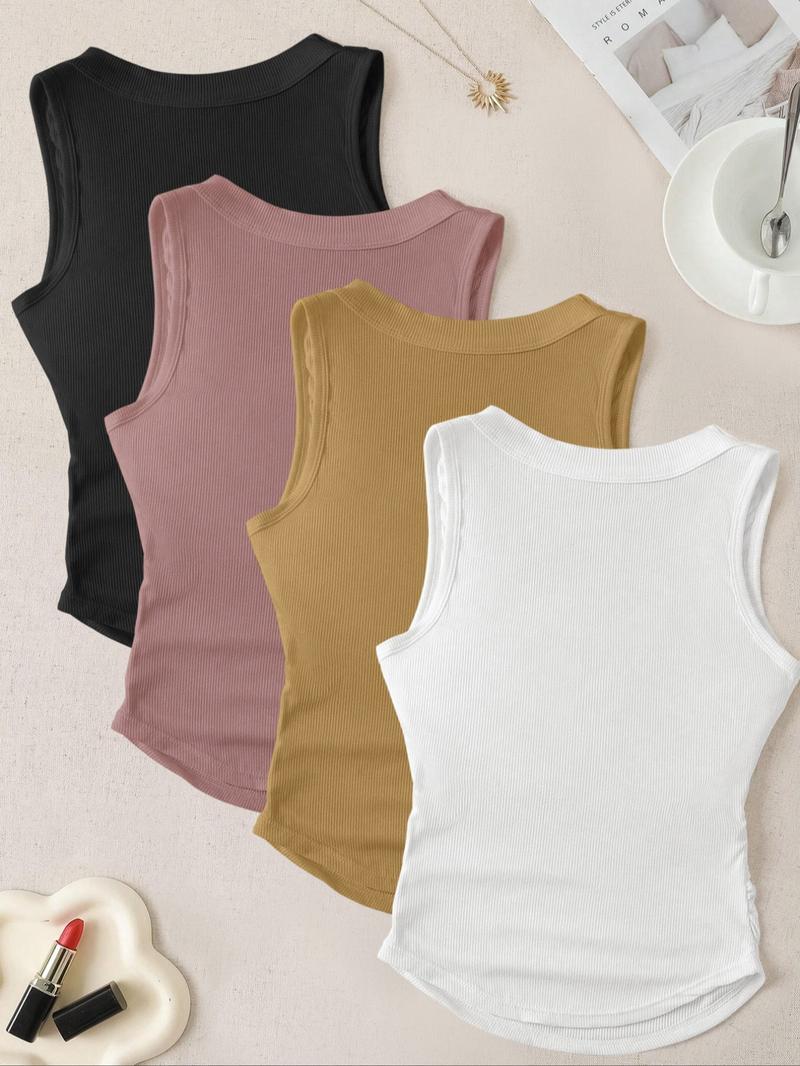 Women's Solid Ribbed Tank Top with Chest Pad, Casual Sleeveless Top for Daily Wear, Ladies Clothes for All Seasons