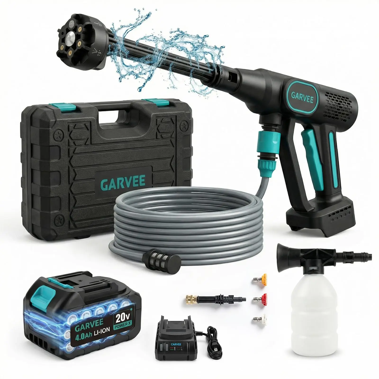 Wireless 20V Battery Powered Pressure Washer with Up to 500 PSI, Featuring 6-in-1 Adjustable Nozzles, Long High-Elastic Hoses (23-26FT), Foam Cannons, Rechargeable Batteries & Chargers for Home, Car, Garden, Patio, Driveway Cleaning