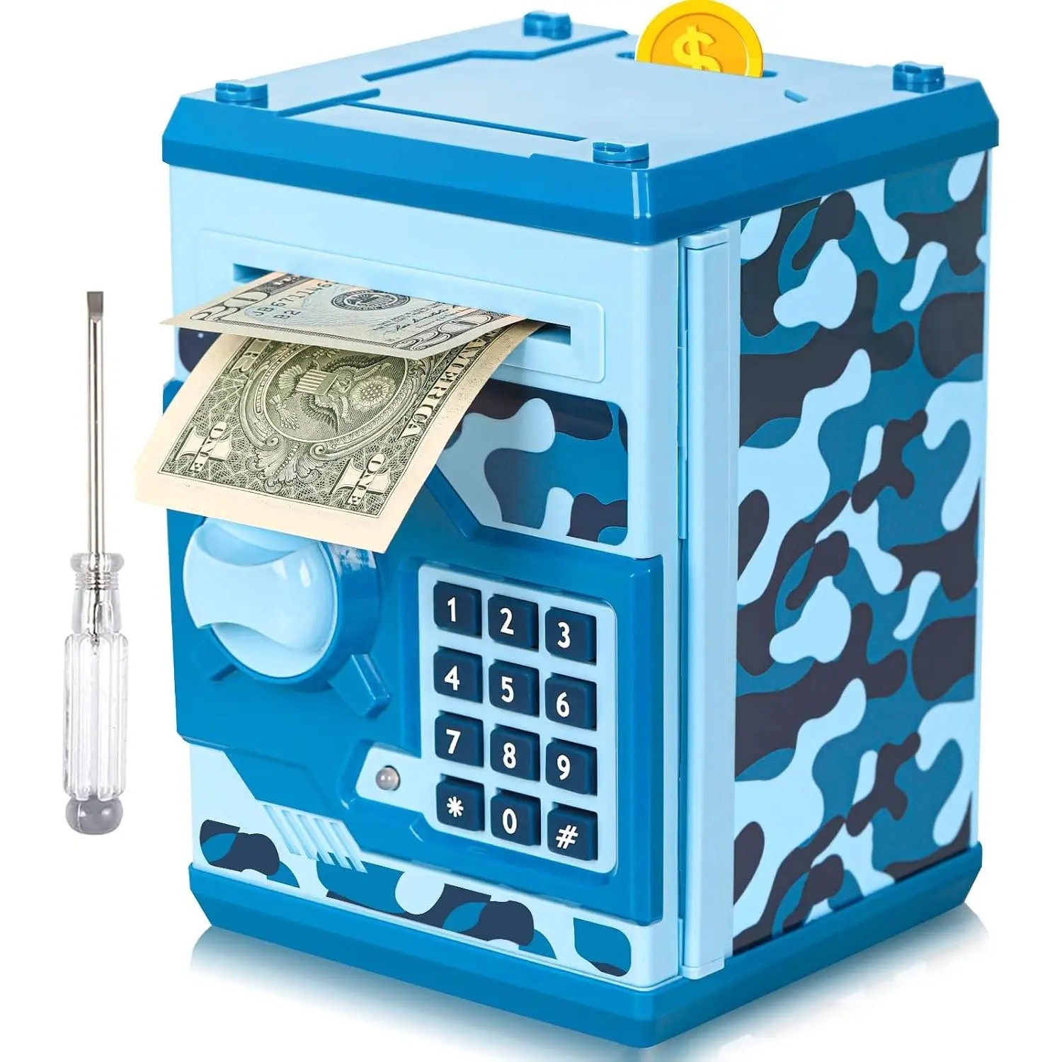 ATM Piggy Bank for Boys Girls, Mini ATM Coin Bank Kids Safe with Password |   Money Saving Box Money Jar for Adults with Auto Grab Bill Slot, Great Gift Toy Bank For Kids (Camouflage Blue)