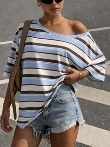 Blue & Brown Striped Off-the-Shoulder Oversized T-Shirt | Coastal Casual & Grunge Aesthetic | Raw Edge Details | Versatile Summer Wear | Perfect for Laid-Back Street Style | Top