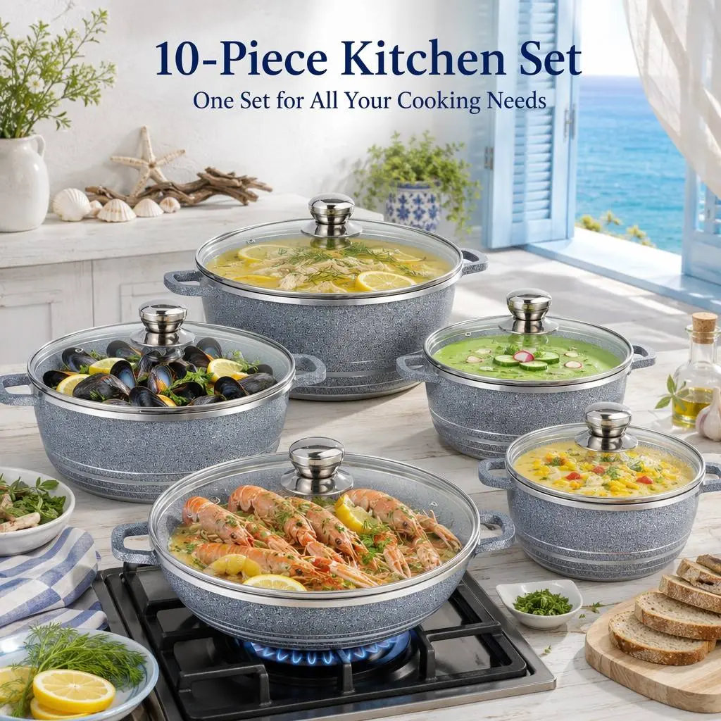10 Piece Ceramic Non-Stick Cookware Set, 4 Stock Pots & 1 Shallow Stock Pot, PFOS & PFOA Free Nonstick Cooking Pots Pans Compatible with All Stovetops for Daily Kitchen Cooking
