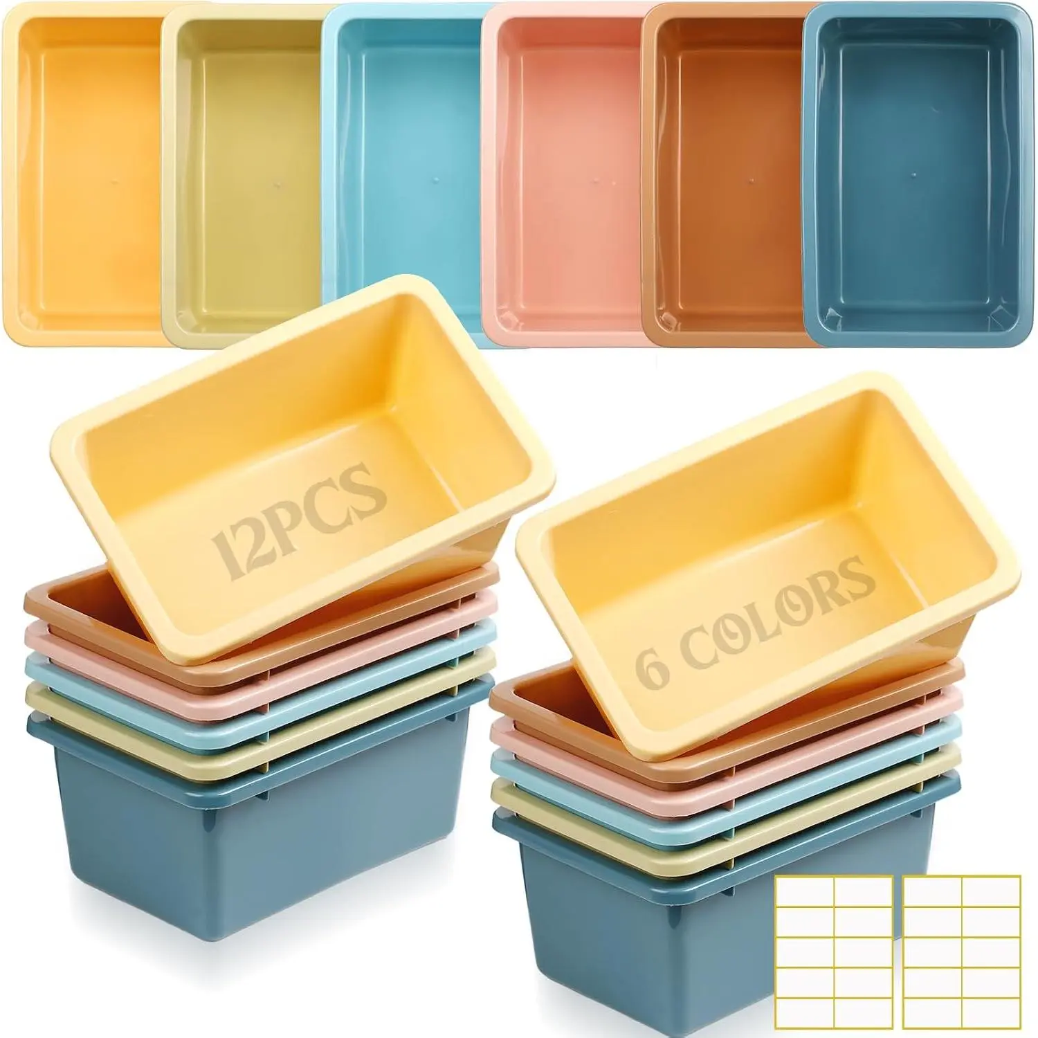 12 count Plastic Cubby Bins with Labels Classroom Book Bins Stackable Storage Container Durable  Storage Organizer Baskets for School Classroom Office (Simple,Morandi Color)
