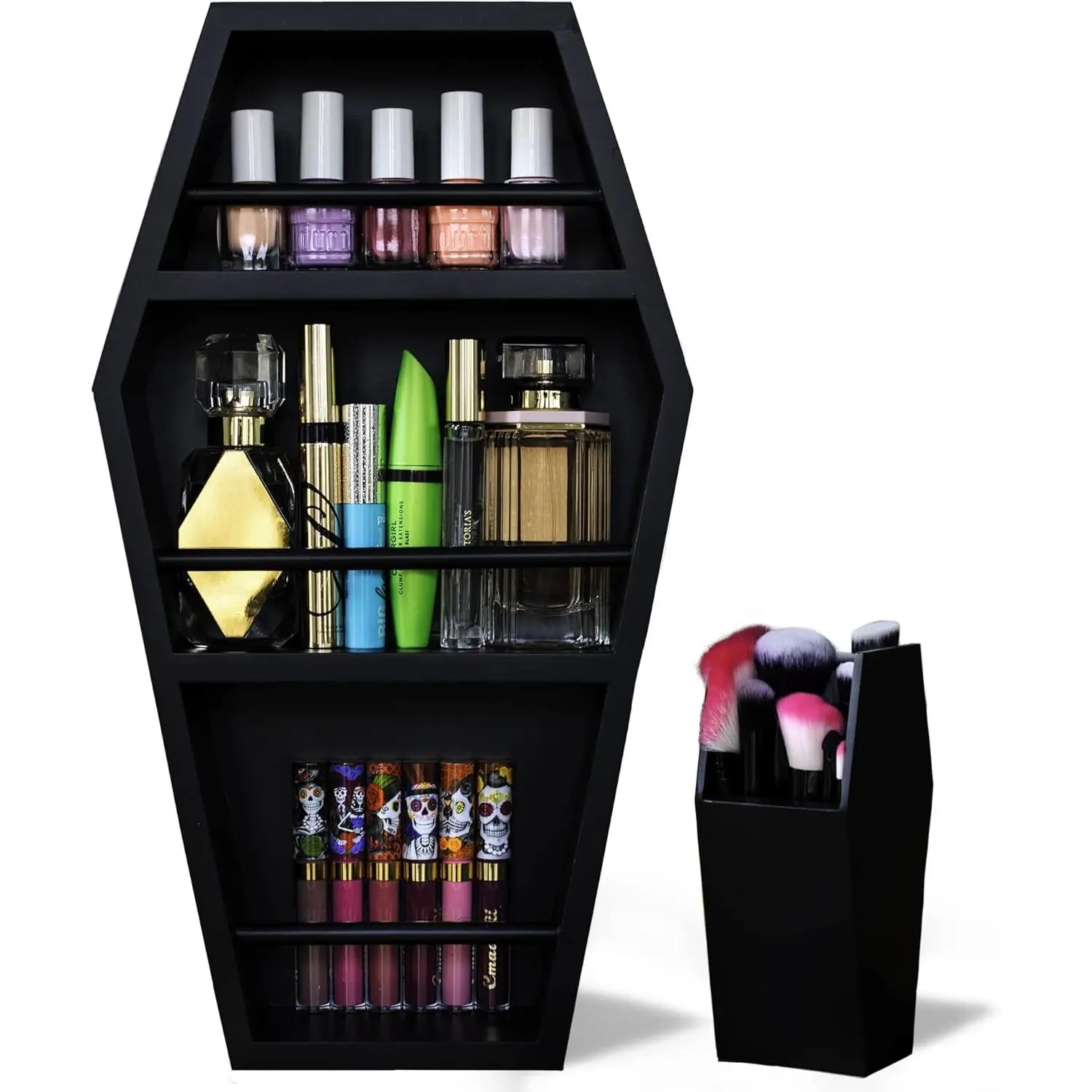 EpicGifts Gothic Wood Makeup Organiser - 3-Shelf Standing or Wall-Mount Coffin Shelf with Makeup Brush Holder (Black, Home Decor), Decoration, Household