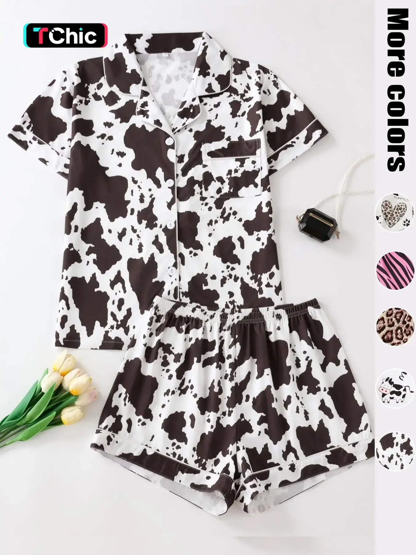 Women's Cow Print Notched Neck Crop Shirt & Shorts Pajama Two-piece Set, Elegant Comfy Short Sleeve Top & Shorts PJ Set, Ladies Sleepwear & Loungewear for All Seasons, Pajama Outfit