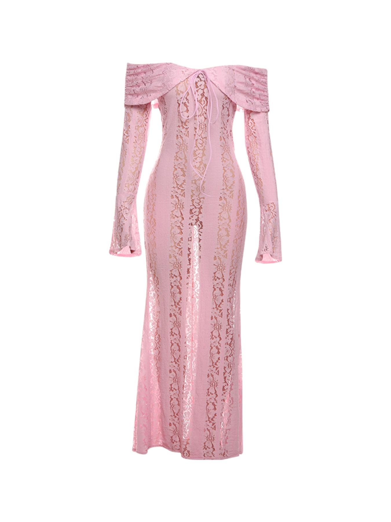 Women's Off The Shoulder Tie Front Lace Bodycon Dress, Elegant Long Sleeve Flounce Sleeve Zipper Back Maxi Dress for Party Holiday Wedding Guest, Ladies Spring & Fall Clothes,  Bridal Attire Valentine's Day, gift