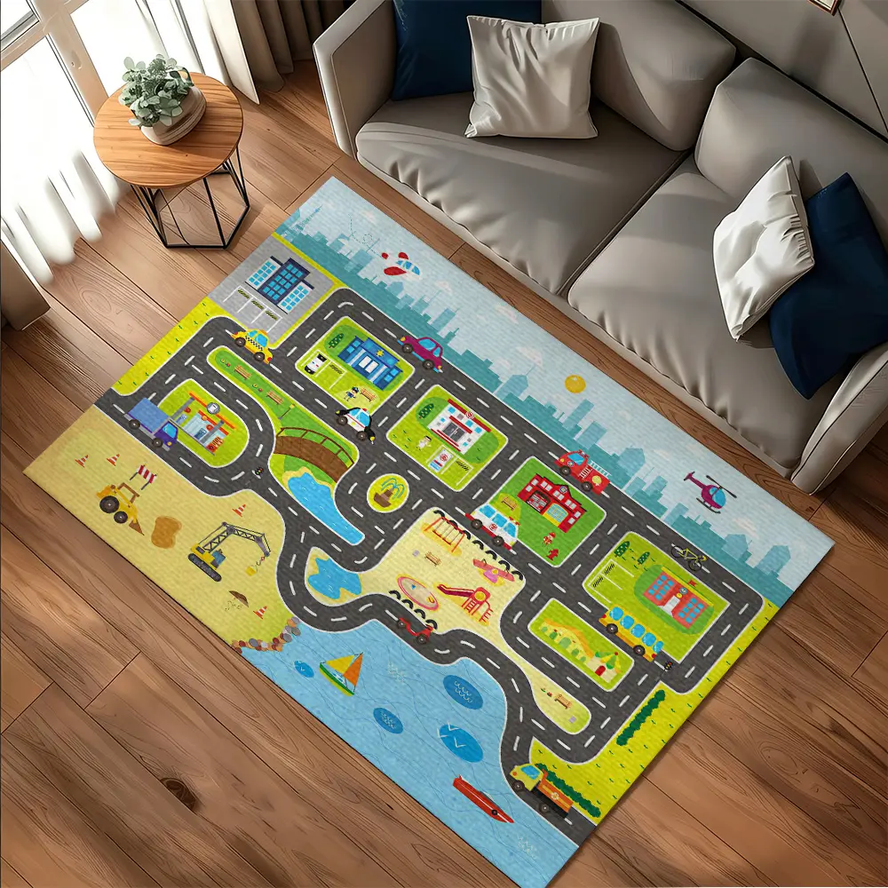 Cartoon City Traffic Road Play Map Crystal Velvet Kids Educational Anti Slip Game Soft Polyester Rug #KidsTrafficPlayMat #CityRoadGameRug #CrystalVelvetEducationalCarpet #CartoonVehiclePlayFloorMat