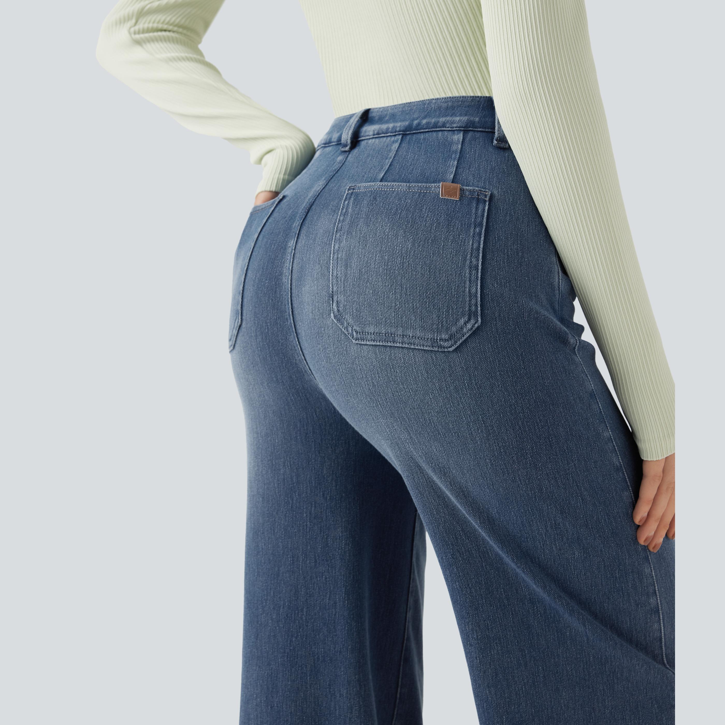 High Waisted Tummy Control Wide Leg Casual Jeans with Pockets High Waisted Tummy Control Wide Leg Casual Jeans with Pockets