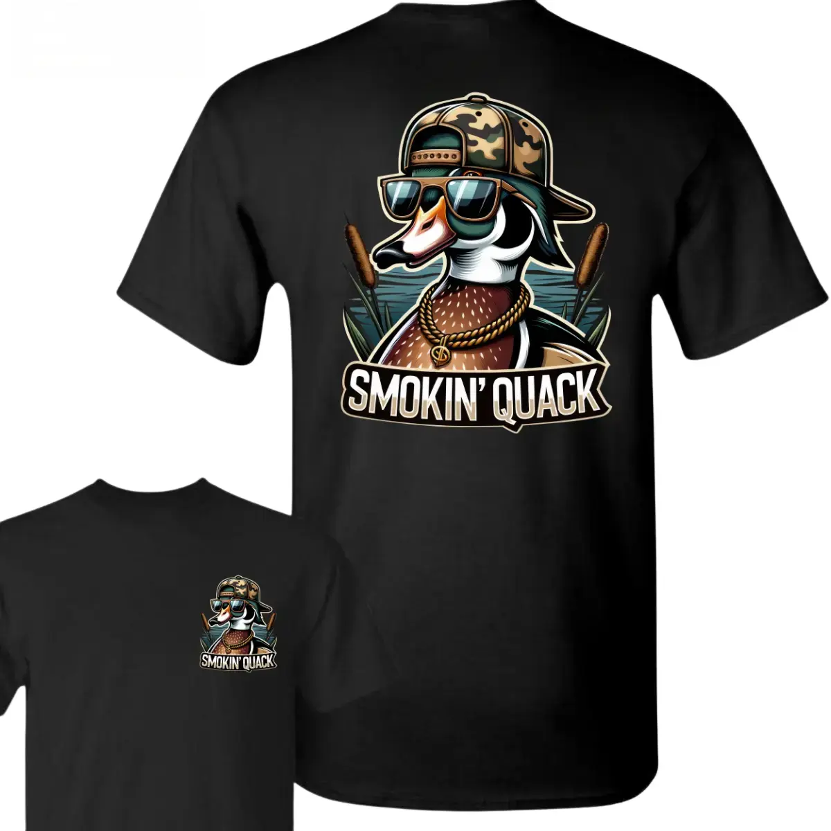 Smokin’ Quack Fun Duck T-Shirt - Cool Duck With Camo Hat And Sunglasses Graphic , Hip Hop Style Duck Print , Outdoor Waterfowl Lover Tee , Unisex Casual Shirt , Fun Everyday Wear