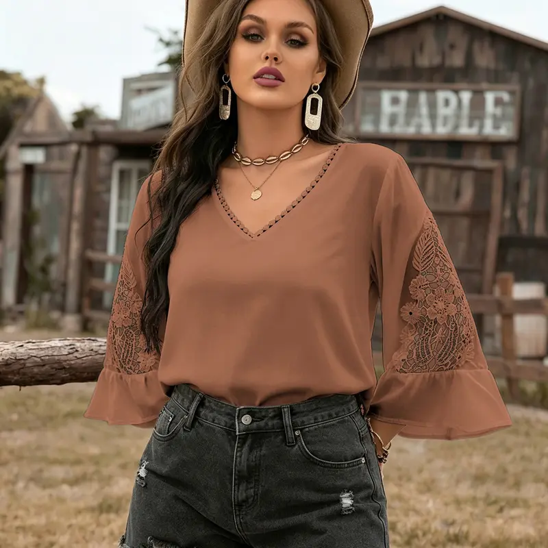 Plus-size basic casual Everyday Loose Baggy Woven lace V-neck Top Blouses shirt for womenboho easter beach outfits hawaii Coachella Music Festival Tropical vacation Aesthetic
