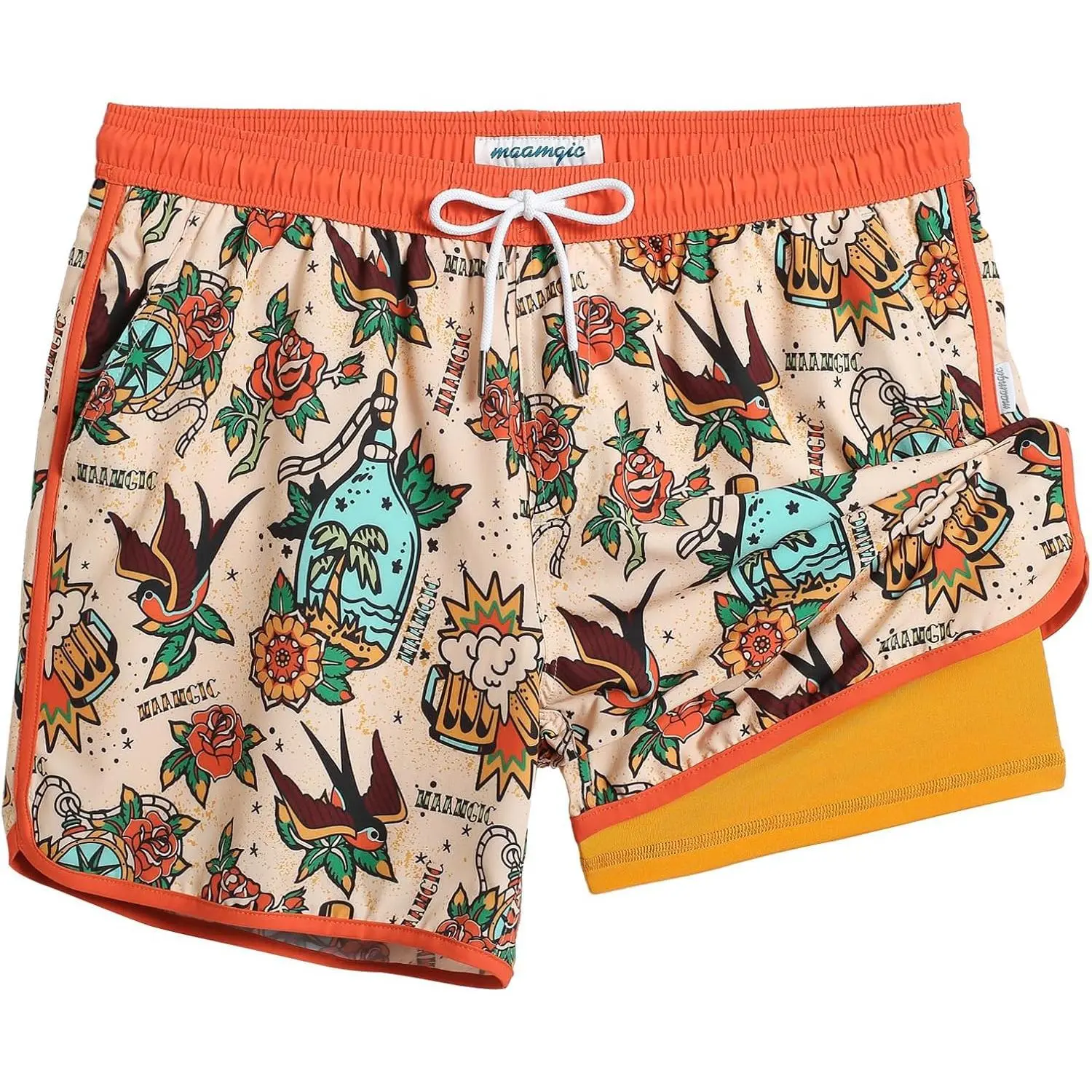 maamgic Men's 5.5" Vintage 80s-90s Quick-Dry 2-in-1 Swimming Shorts with Compression Liner, Board Shorts with Vintage Prints for Beach Use, Beach Men's Shorts