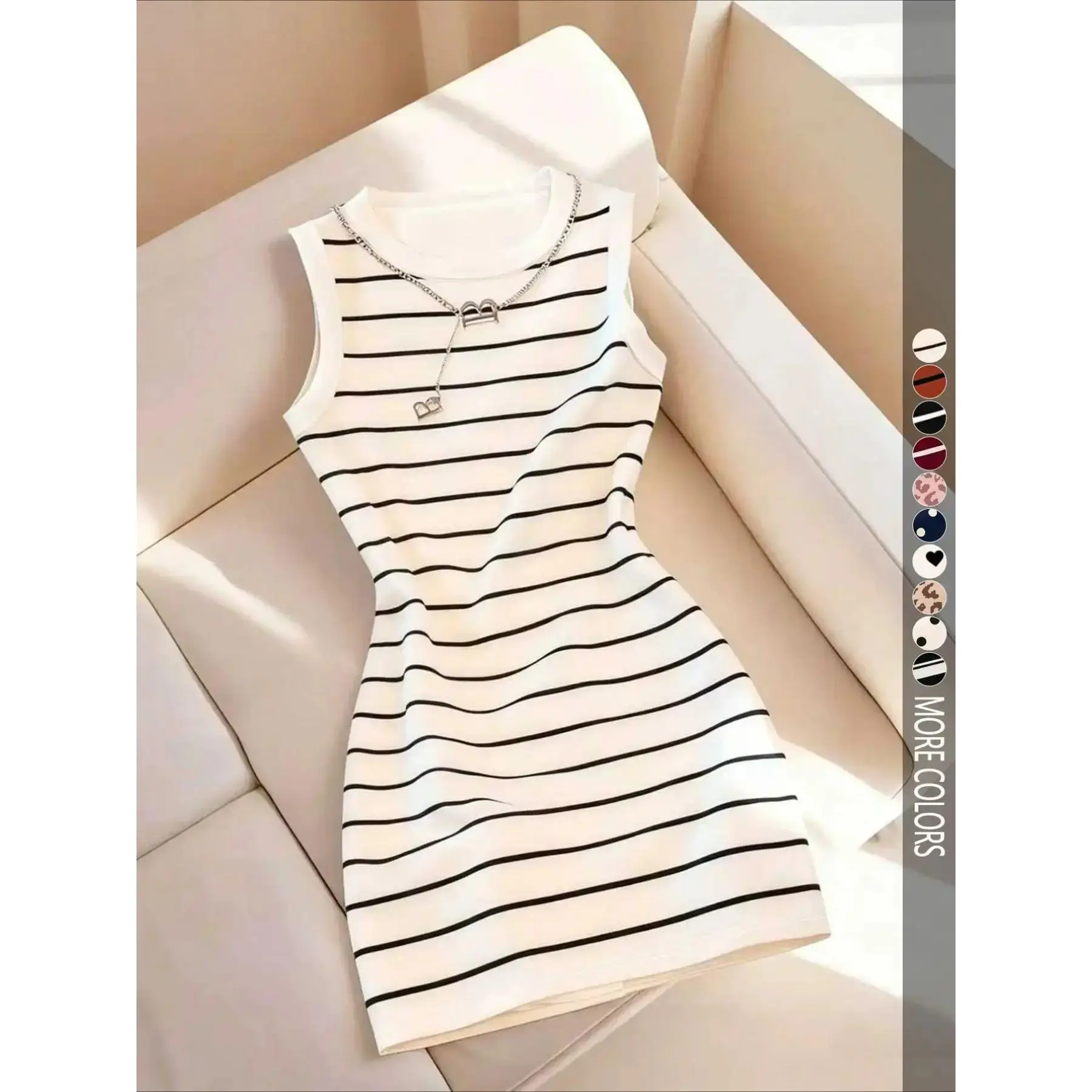 Women’s Striped Bodycon Midi Dress, Sleeveless Round Neck Slim Fit Casual Summer Dress, Elegant Everyday Outfit