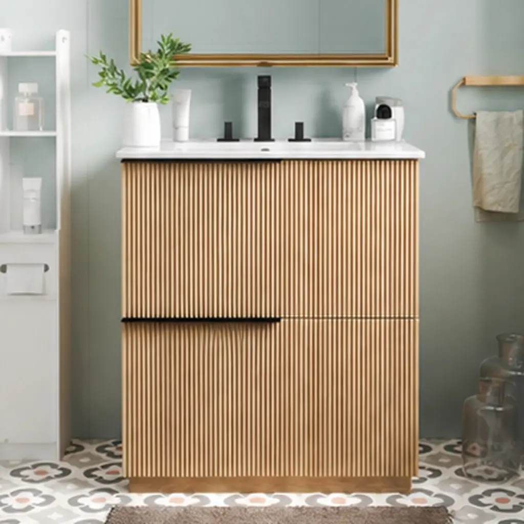 ARCH 30 Inch Bathroom Vanity Floor Cabinet with Ceramic Sink, Soft Close Full-Extension Drawers, Fluted MDF Design, Natural Wood Finish, Undermount Slides, Modern Storage Cabinet for Bathroom Organization, Natural Color Options, MDF Material, 18.00 W X 30