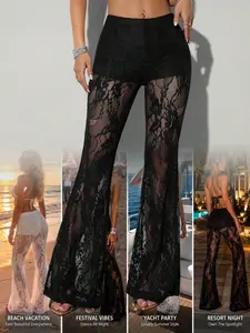 Women's High-Waisted Sheer Lace Micro Flare Pants, Sexy Slim Fit Long Pants, Elegant Leg-Lengthening Daily Wear, Comfortable Trendy Pants Womenswear