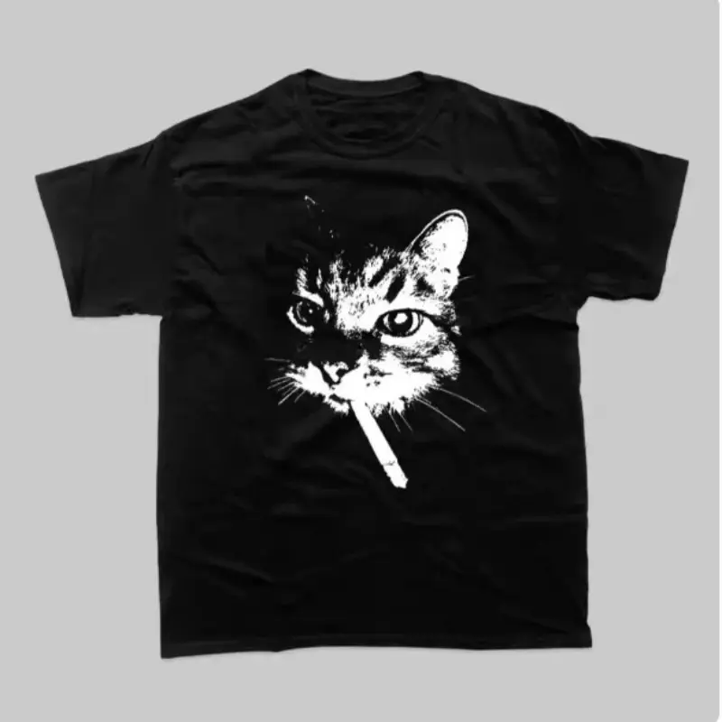 Men's Women's Short-Sleeve Round-Neck Retro Smoking Cat Graphic Print T-Shirt, American Street Casual Summer Sports Tops, Stylish Personalized Outdoor Clothes