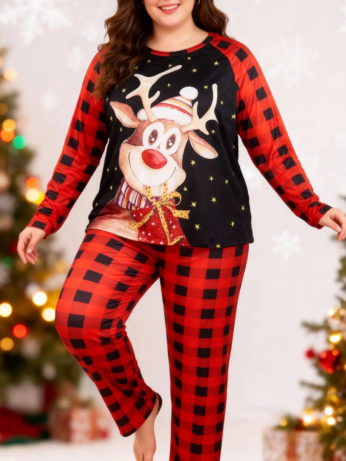 Plus Size Christmas Style Animal Print Pajama Set, Loose-Fitting Long Sleeve Elastic Waist, 1xl-5xl, Casual Home Wear, Holiday