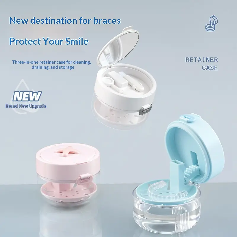 3-in-1 Leakproof Portable Oral Retainer Case with Lid, Brush, Cleansing Basket, Drain Tray, Soak Function - Daily Home/Travel Storage Organizer for Invisible Aligners, Orthodontic Braces, Dentures