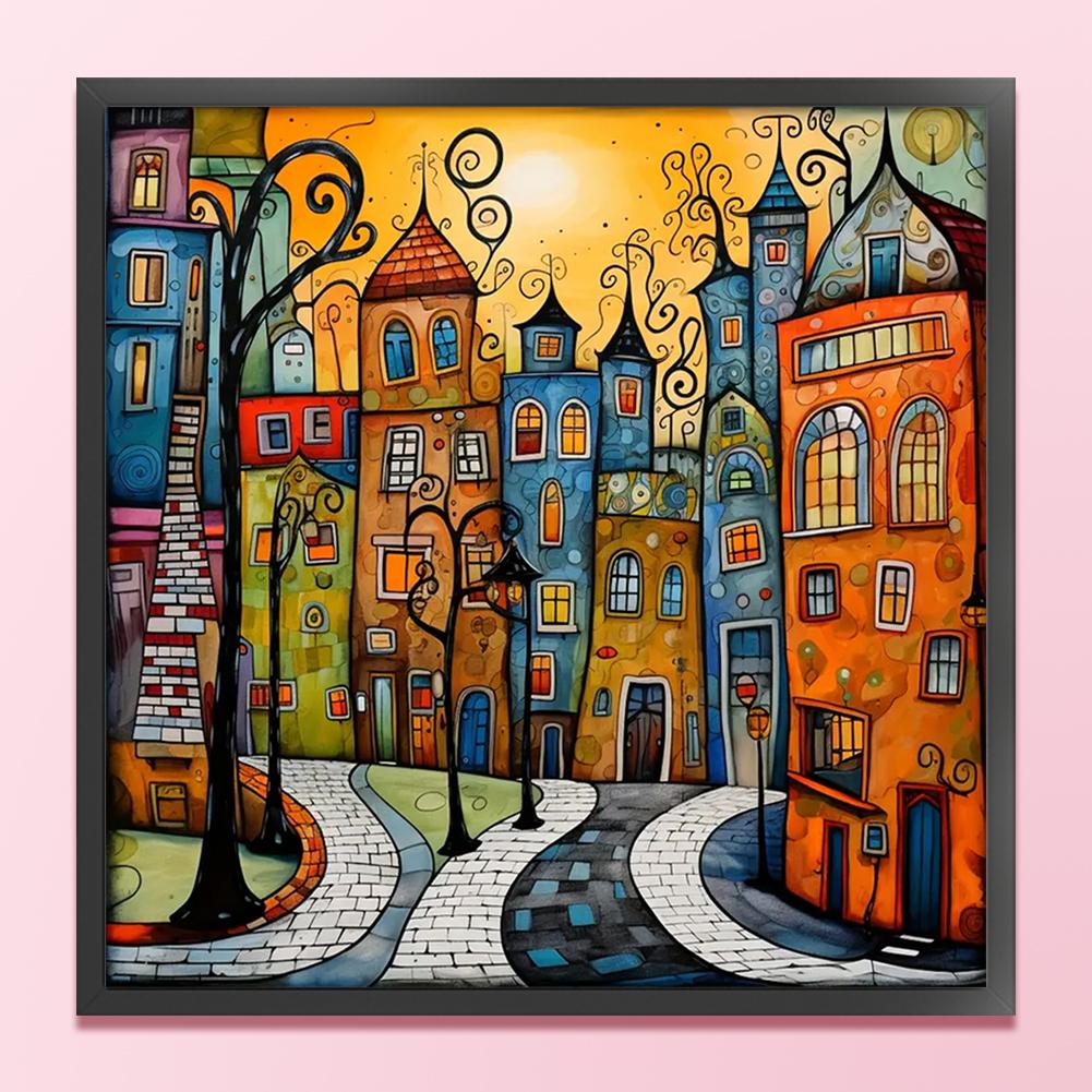 Colorful Houses Full 14CT DIY Counted Embroidery Needlepoint Starter Kits 15.75x15.75inch Cross Stitch Patterns Arts Craft Kits for Beginners Adults Home Decor