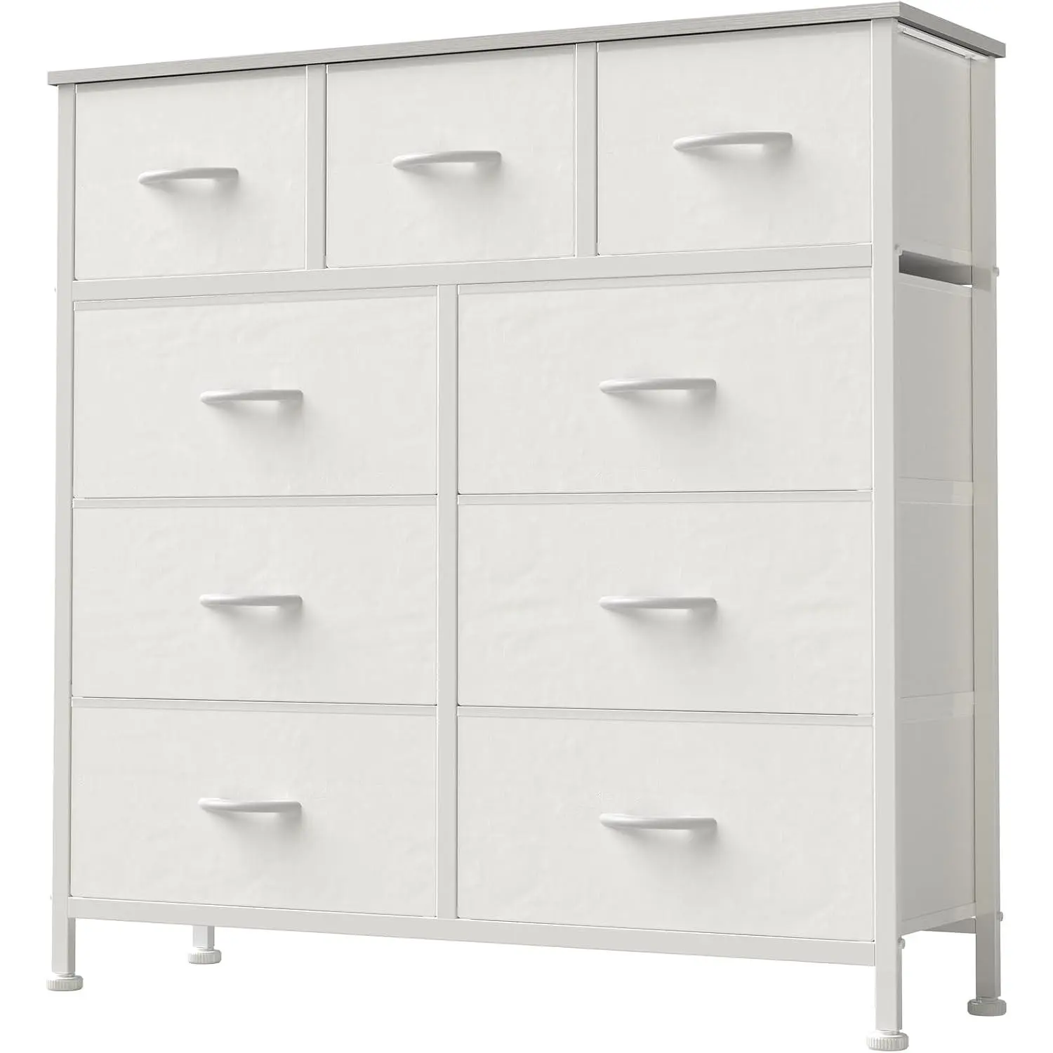 White Rectangular Chest of Drawers - 9-Drawer Bedroom Storage Organizer with Multi-Size Fabric Bins, Sturdy Metal Frame, Wood Tabletop for Closet, Entryway, Chest Drawers