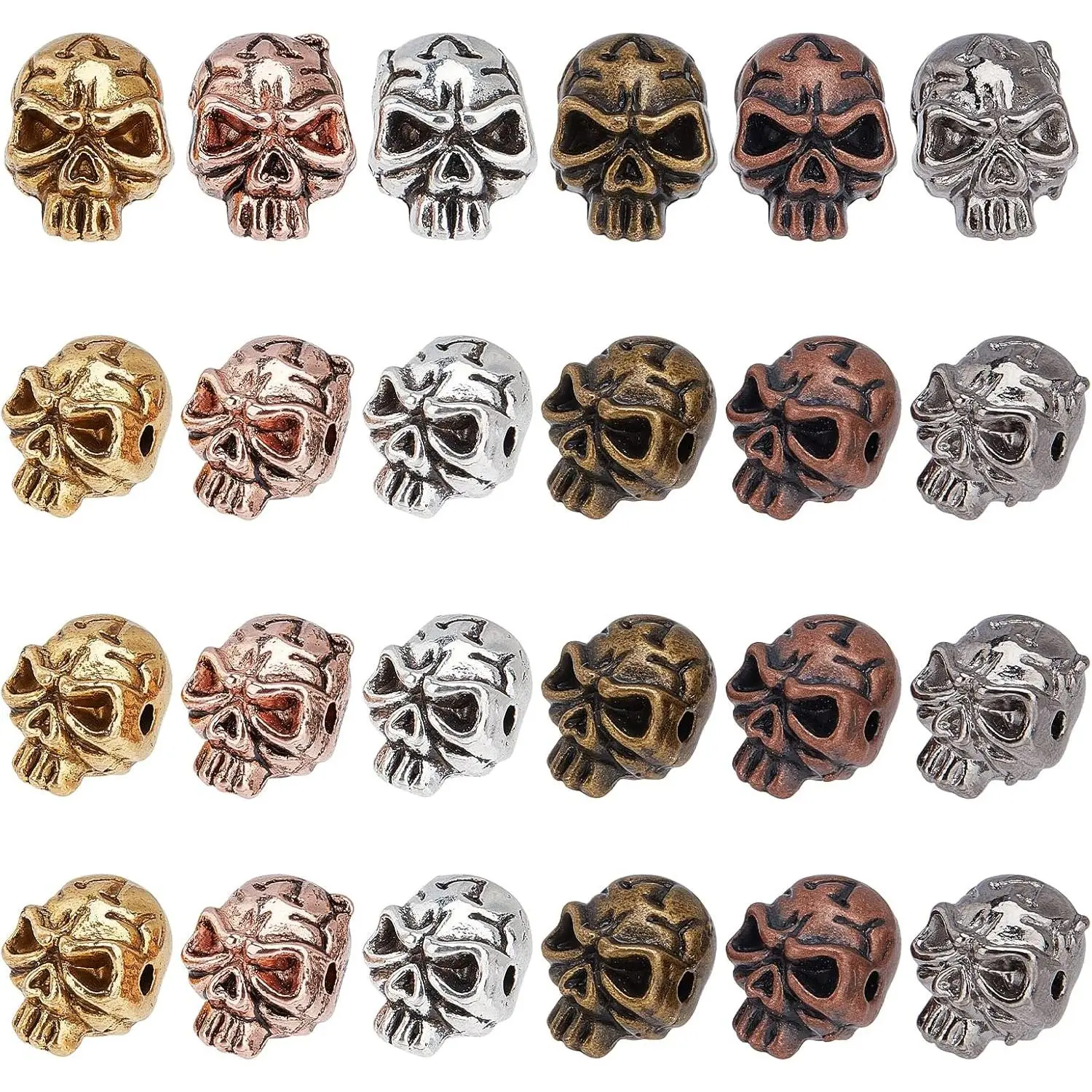 Skull Beads, 24 count 6 Styles Zinc Alloy Skeleton  Bead Charms Loose Spacer Bead for Men  Bracelet DIY Earring Necklaces and Halloween  Party Decorations